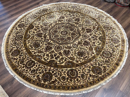 Round Indo Persian Rug 8 by 8 ft Hand Knotted Vintage Wool Circular Carpet Floral Medallion Cream and Green