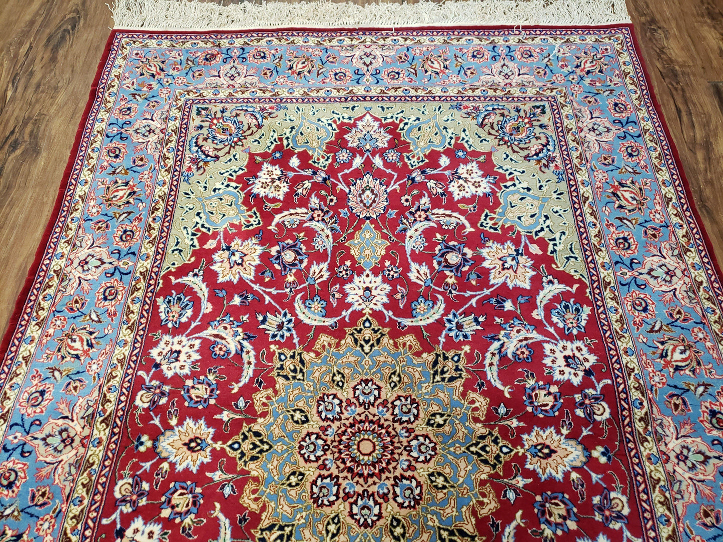 Semi Antique Persian Isfahan Rug, Kork Wool on Silk Foundation, Red & Blue, Top Quality, 3'6" x 5' 6"