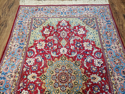 Semi Antique Persian Isfahan Rug, Kork Wool on Silk Foundation, Red & Blue, Top Quality, 3'6" x 5' 6"