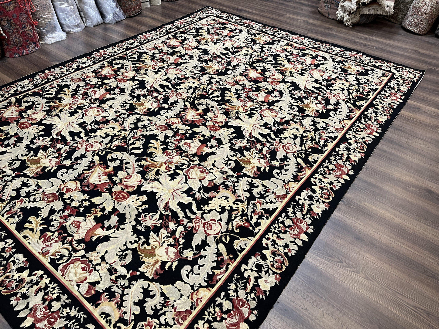 Wool Needlepoint Rug 9x12, William Morris Vintage Chinese Needlepoint Carpet 9 x 12, Handwoven, Allover Floral Area Rug, Black Light Green