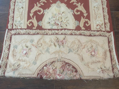 Aubusson Runner Rug 3x10, European Design, Red and Beige, Elegant, Handmade Wool Rug