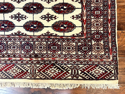 Pakistani Bokhara Rug 4x6 Vintage Handmade Wool Carpet Ivory Turkoman Style