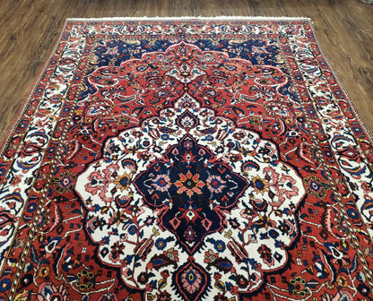 Semi Antique Persian Bakhtiari Rug, Hand-Knotted, Wool, Red, Midnight Blue, Ivory, Floral Medallion, 5'1" x 8' 6"
