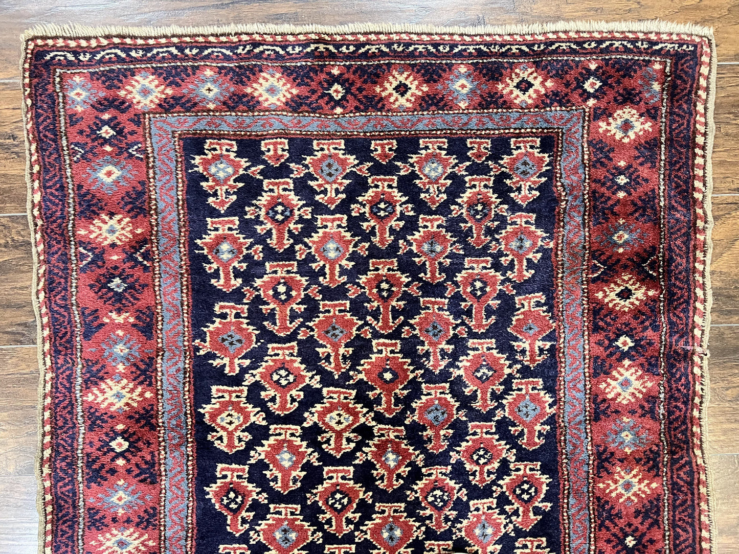 Turkish Sparta Rug 3x4, Allover Pattern, Navy Blue and Red, Antique Ispara Oriental Carpet 3 x 4, Small Turkish Handmade Vintage Wool Rug