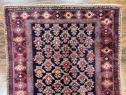 Turkish Sparta Rug 3x4, Allover Pattern, Navy Blue and Red, Antique Ispara Oriental Carpet 3 x 4, Small Turkish Handmade Vintage Wool Rug