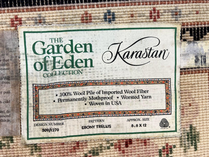 Karastan Rug 8' 8" x 12" Garden of Eden Collection Ebony Trellis #509/1270, Wool Pile Discontinued Vintage Karastan Carpet, Room Sized Rug