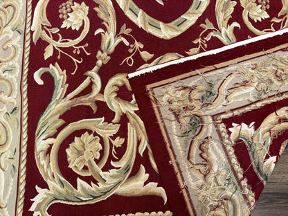 Burgundy Aubusson Wool Rug 6x9 Hand Knotted Vintage Carpet
