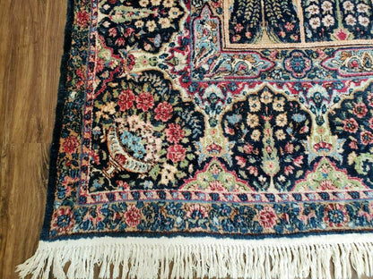 Persian Rug 10x15 Hand Knotted Wool Carpet Vintage Kirman Yazd Floral Dark Blue Beige