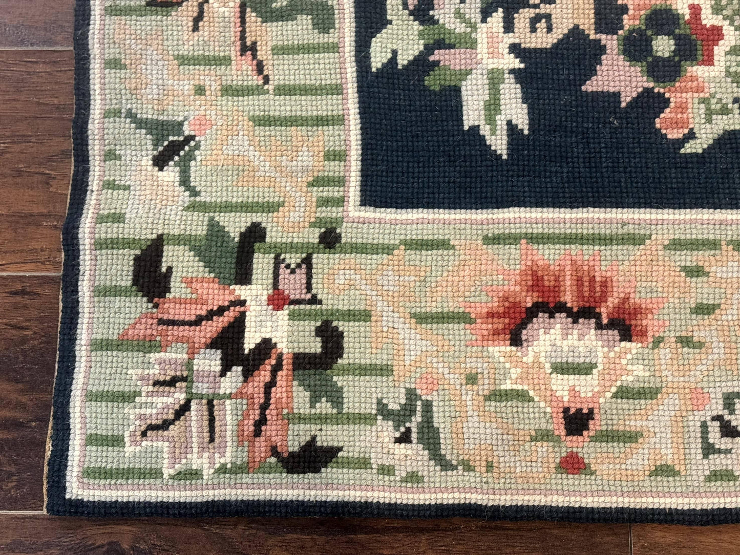 Vintage American Needlepoint Rug 4x6 Dark Green Wool Handmade Flatweave Carpet