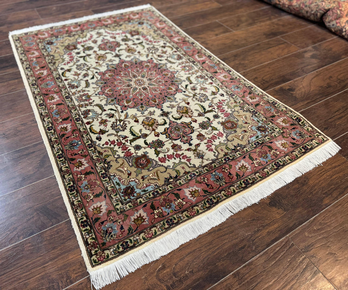 Fine Persian Tabriz Rug 3x5, Floral Medallion, 340 KPSI, Ivory Salmon
