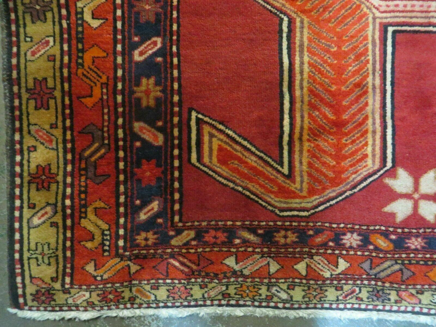 Antique Turkish Kazak Wool Rug Shield Hand Knotted 4 Ft 10 In By 11 Ft