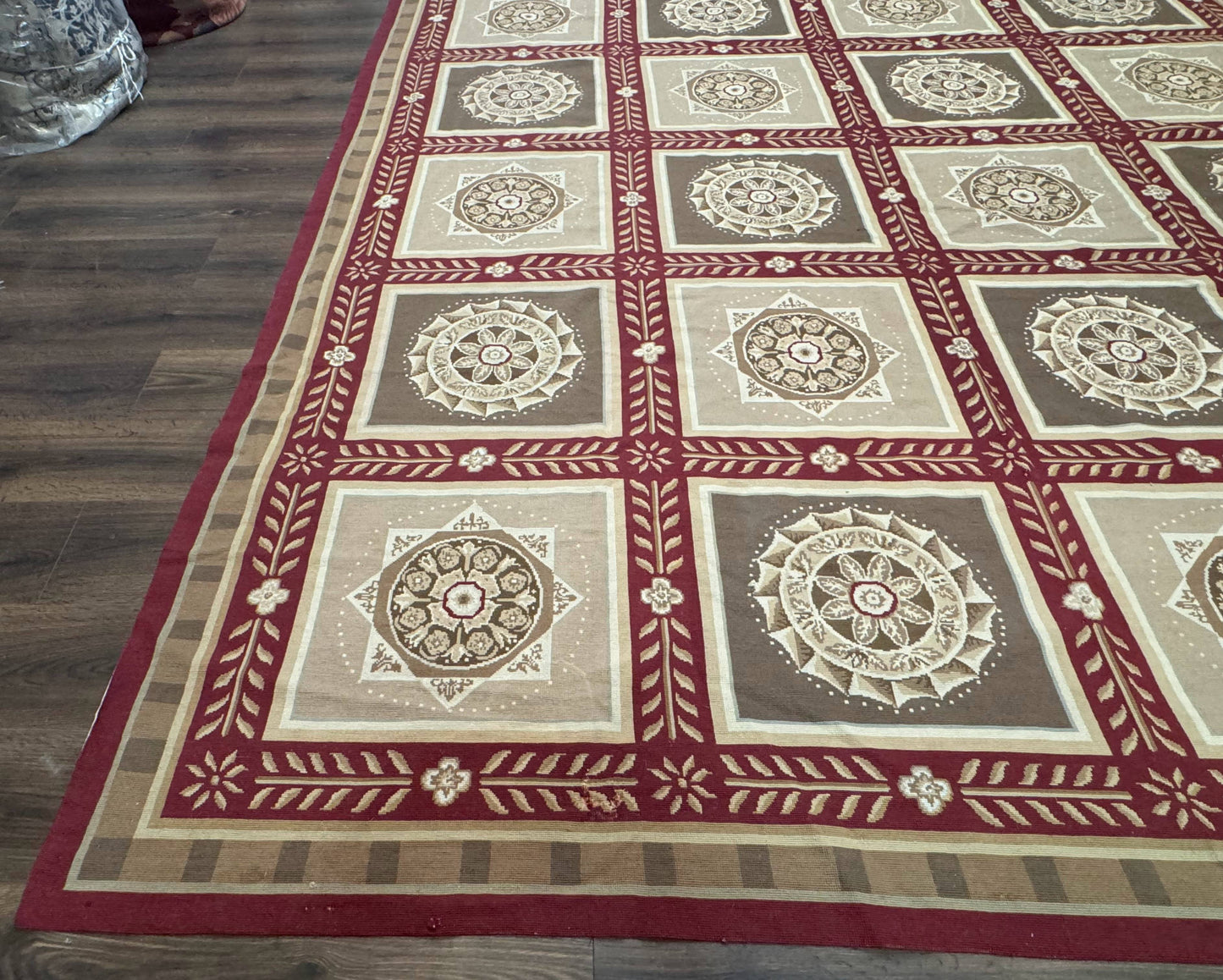 Needlepoint Rug 9x12, Panel Design, Burgundy Taupe, Elegant