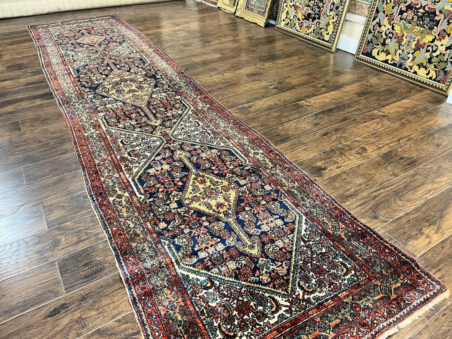 Antique Persian Runner Rug 3.7 x 15.8, Navy Blue Multicolor, Hand Knotted Handmade Wool Rug for Hallway, Geometric Medallions, Persian Hamadan Rug