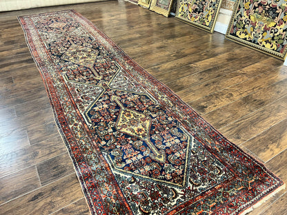 Antique Persian Runner Rug 3.7 x 15.8, Navy Blue Multicolor, Hand Knotted Handmade Wool Rug for Hallway, Geometric Medallions, Persian Hamadan Rug