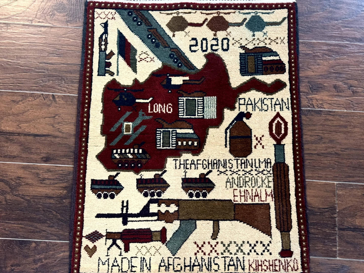 Afghan War Rug Hand Knotted Wool 2 X 2.6 Military Scene With Guns Tanks Helicopters