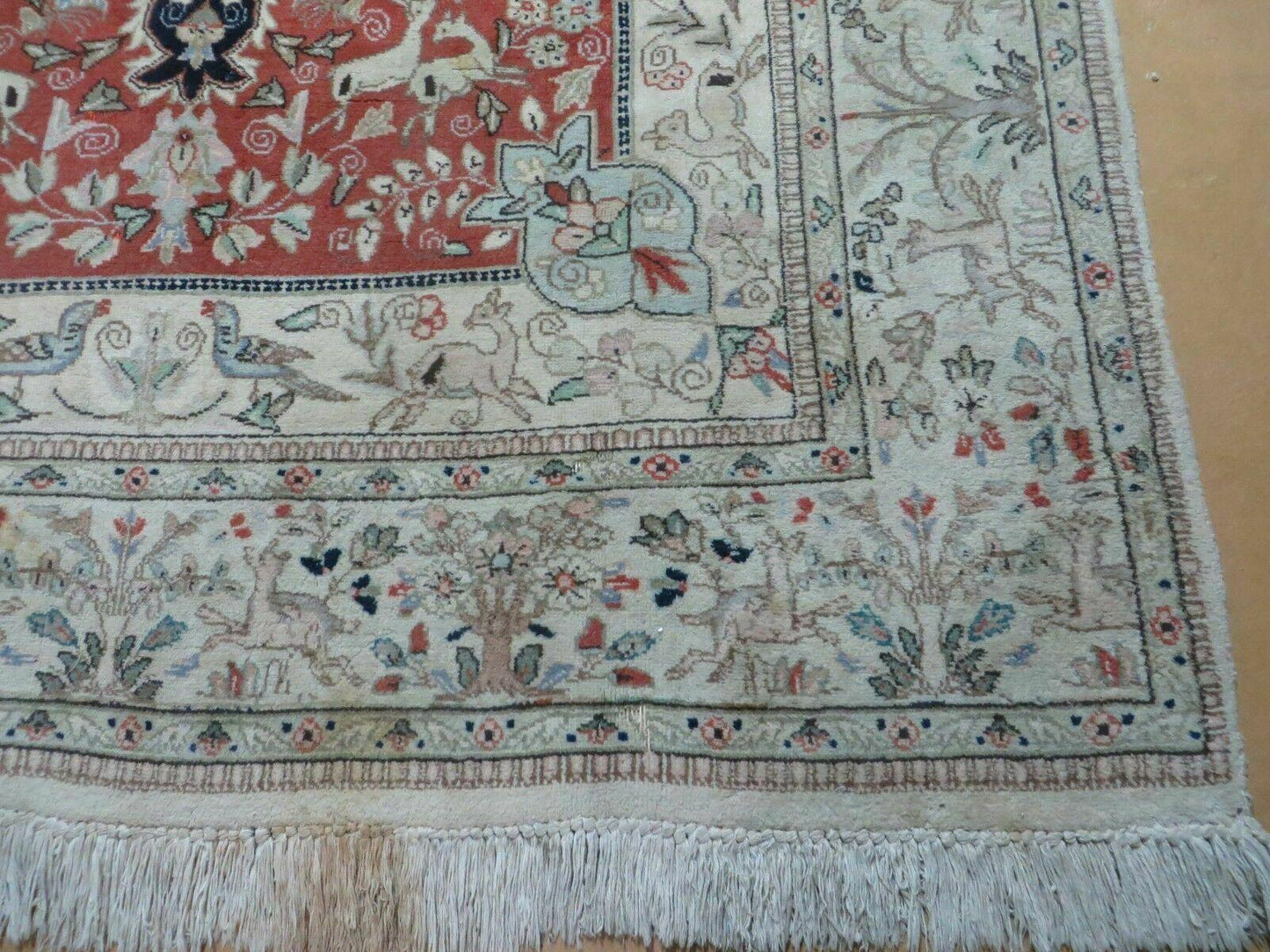 Vintage Indian Wool Rug Hunting Birds And Deer Oriental Floral Design 6 By 9