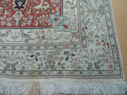 Vintage Indian Wool Rug Hunting Birds And Deer Oriental Floral Design 6 By 9
