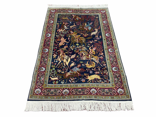 Kashmiri Wool Silk Rug Hand Knotted 4x6 Hunting Scene Midnight Blue Archers and Horses Vintage Oriental Carpet