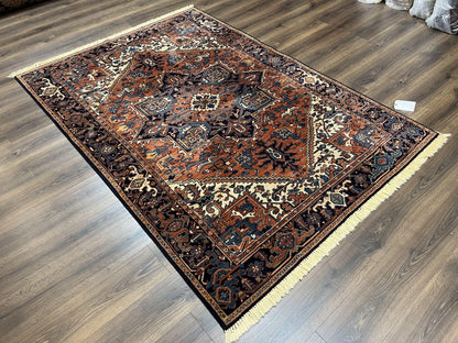 Heriz Rug 5.6 x 8, Geometric Medallion, Wool Oriental Carpet, Tribal Boho Rug, Red Navy Blue Cream, Belgium Power Loomed Rug, Medium Sized