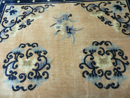 Antique Handmade Peking Chinese Wool Rug 1950s Vintage 47 By 71 Inches Blue And Salmon