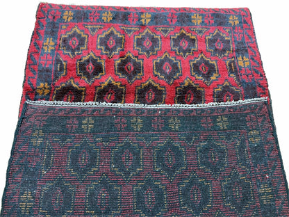 Balouchi Rug Vintage Handmade Tribal Wool Afghan 2ft 10in x 4ft 7in Red Blue