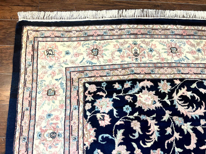 Indo Persian Rug 9x12 Wool Handmade Floral Allover Navy Ivory Vintage Carpet