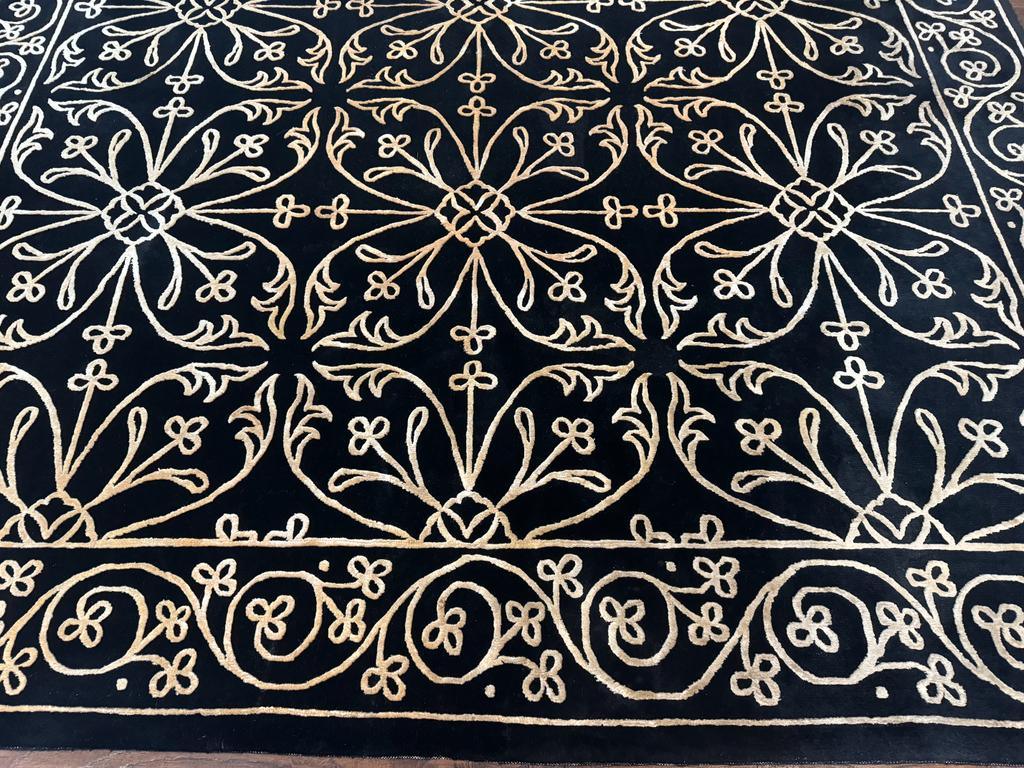 Tibetan Rug 8x10 Wool Silk Handmade With Raised Pattern Black And Gold Floral