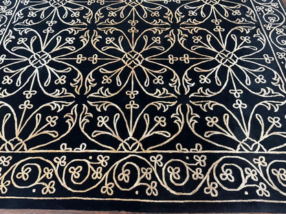 Tibetan Rug 8x10 Wool Silk Handmade With Raised Pattern Black And Gold Floral