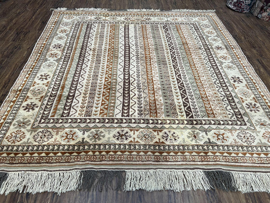 Turkish Anatolian Rug Handcrafted Wool 6x7 Vintage Oriental Living Room Carpet Cream