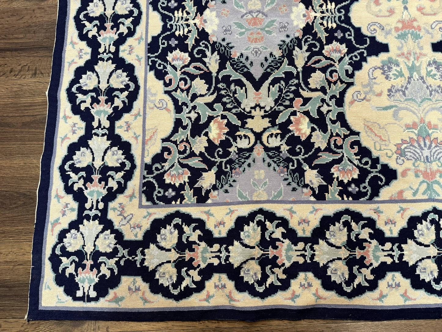 Needlepoint Rug 6x9, Ivory and Navy Blue