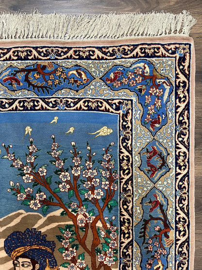 Fine Persian Isfahan Pictorial Rug 3.7 x 5, Kork Wool on Silk Foundation, Blue Persian Carpet, Hand Knotted, Humans Birds, High KPSI, Semi Antique