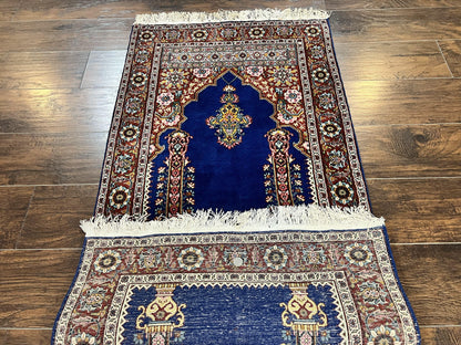 Indo Persian Prayer Rug 3x5 Vintage Hand Knotted Handmade Wool Dark Blue And Red Oriental Carpet