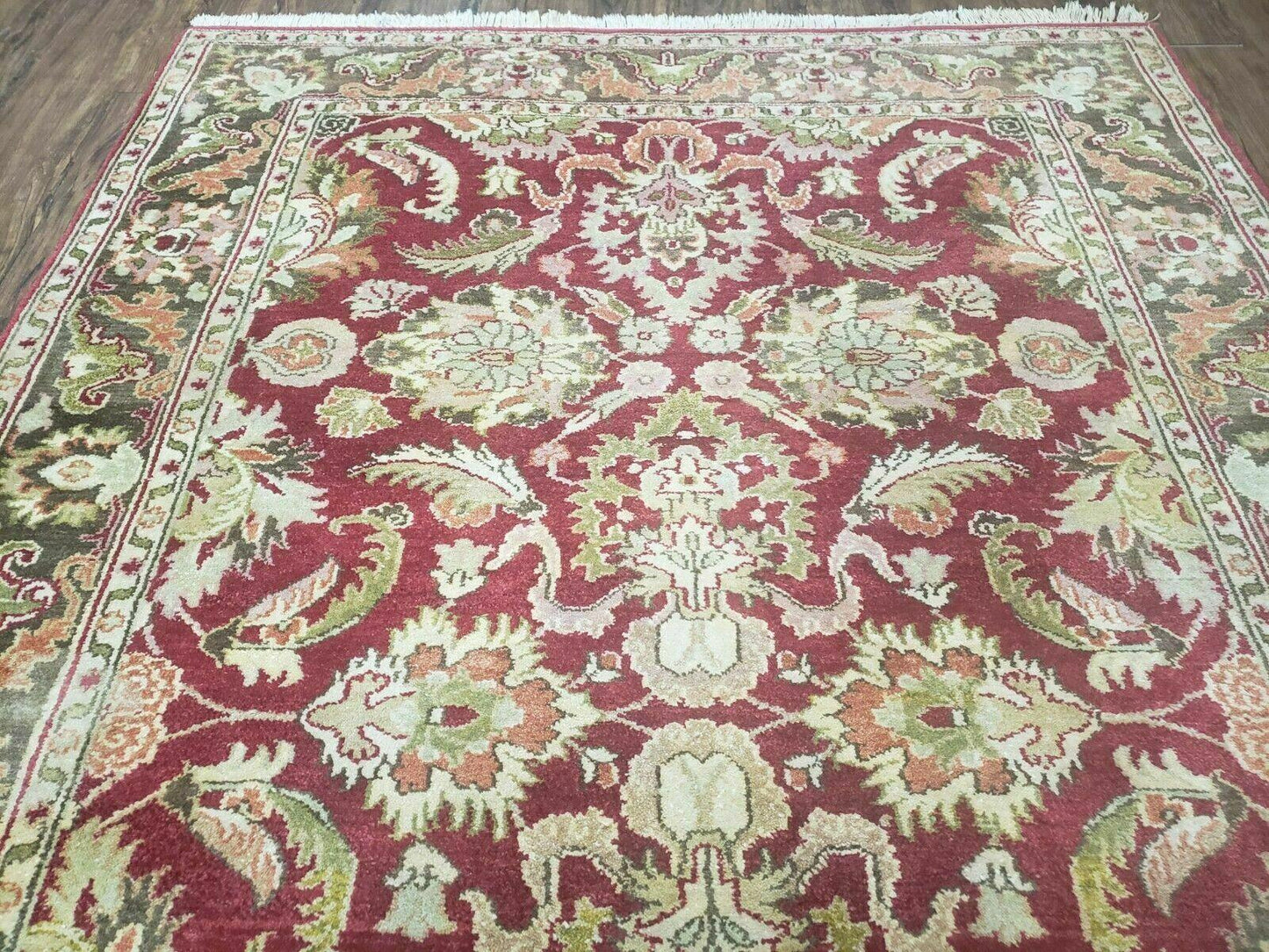 Indo Persian Rug 6x9, Hand Knotted Vintage Indian Sultanabad Agra Wool Rug, Handmade Oriental Carpet 6 x 9, Red Large Floral Design