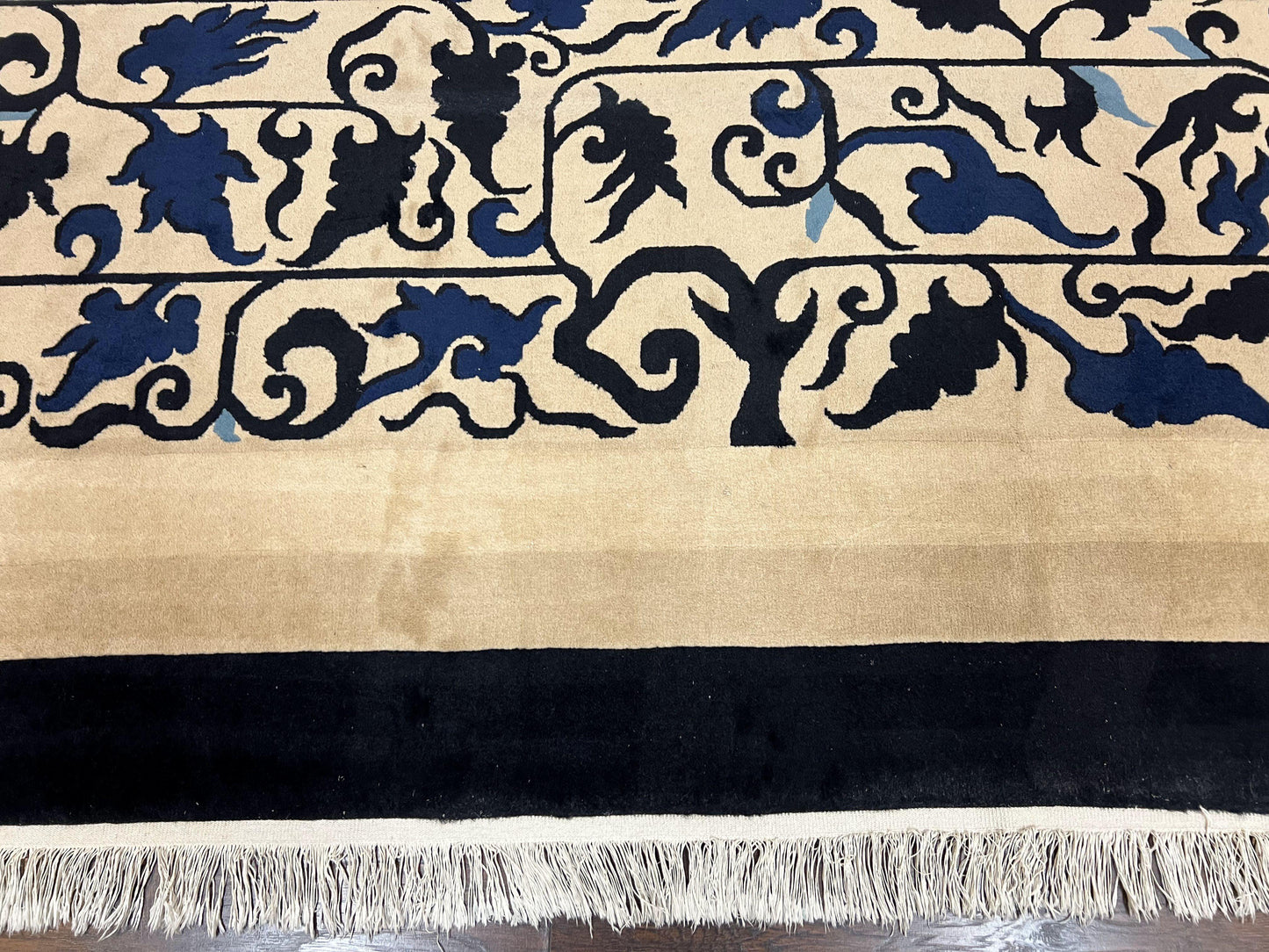 Antique Chinese Peking Rug 10x14, Beige Black, Handmade Wool Art Deco Carpet