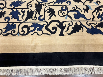 Antique Chinese Peking Rug 10x14, Beige Black, Handmade Wool Art Deco Carpet