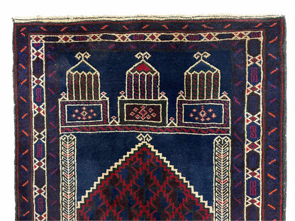 Balouchi Prayer Rug 3x5 Vintage Handmade Tribal Wool Afghan Rug Red Blue