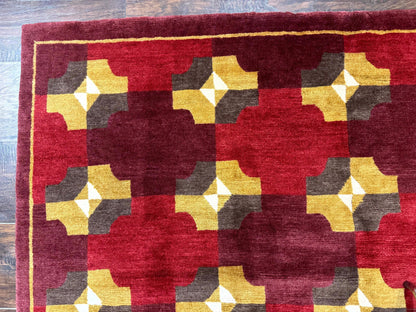 Modern Tibetan Rug 5 x 6.8, Wool, Red, Allover Pattern, Nepali Rug, Abstract Rug, Handmade Area Rug