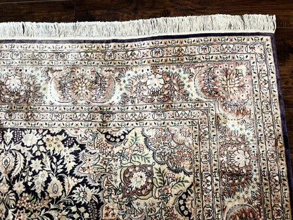 Silk Kashmiri Rug 8x10 Floral Medallion Handmade Indo Persian Vintage Silk Rug