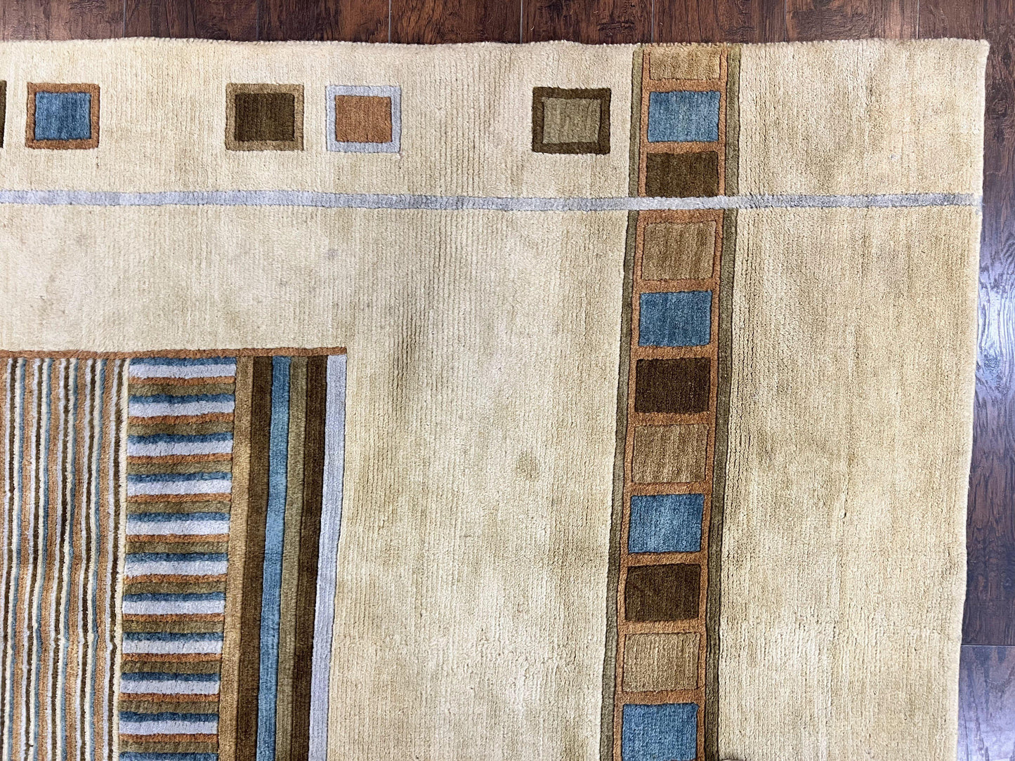 Tibetan Rug 5x8, Contemporary Rug 5 x 8 ft, Cream Brown Blue Hand-Knotted Wool w/ Silk Highlights Tibetan Carpet, Modern Rug