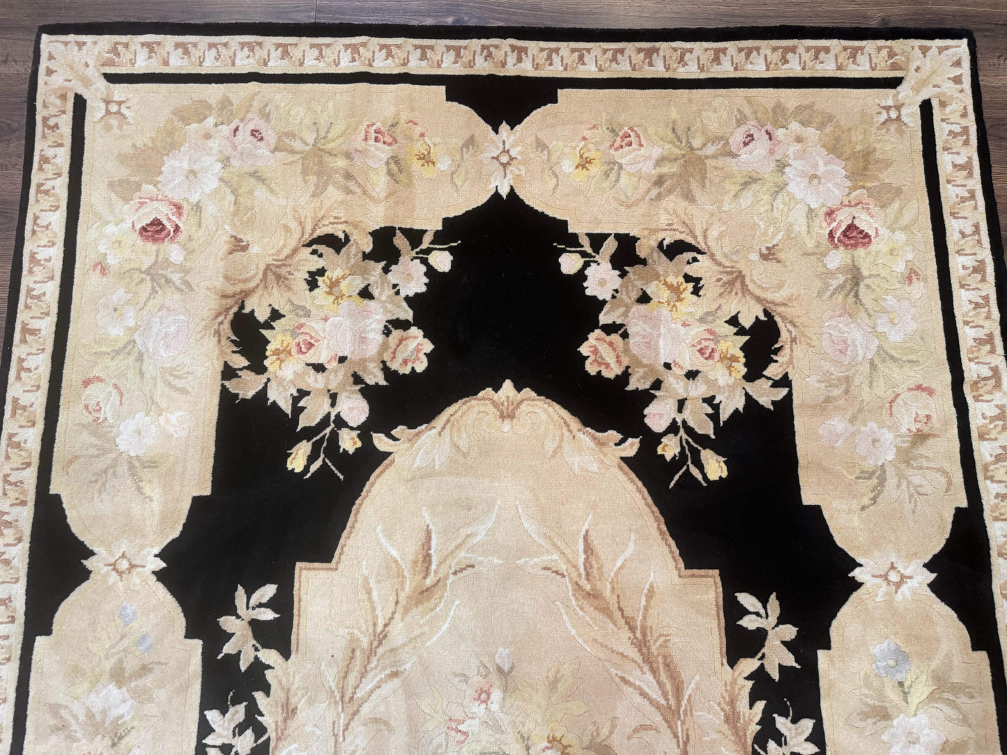 Aubusson Rug Chinese Wool 6x9 Black Floral Elegant Hand Knotted