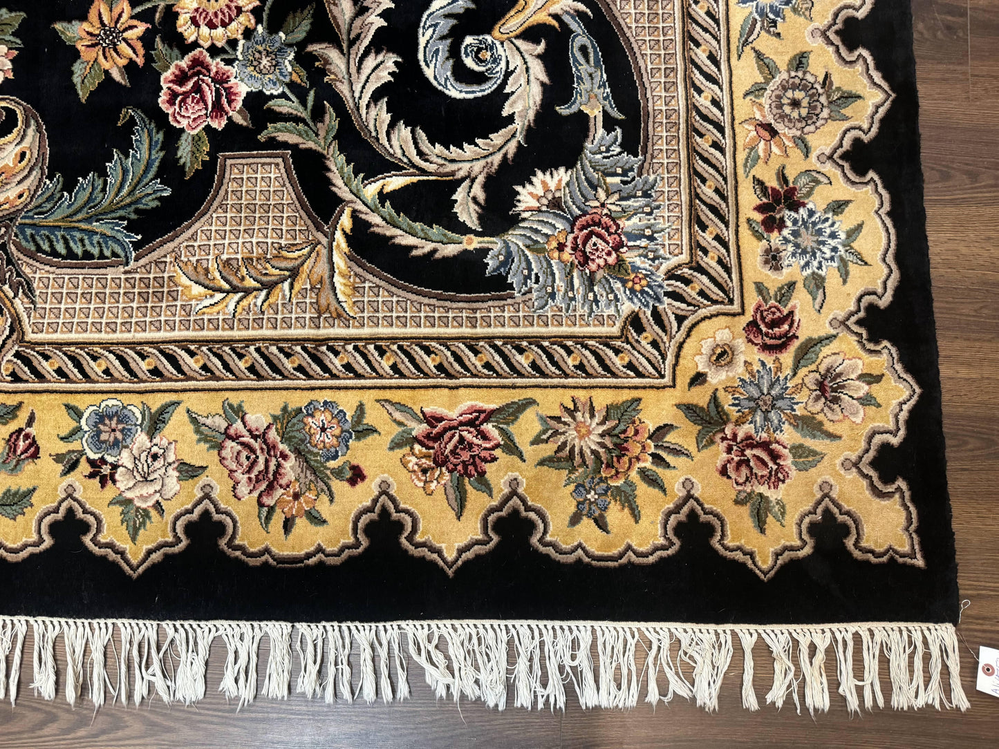 Aubusson Rug 9x12 Black And Beige Floral Elegant Handmade Carpet