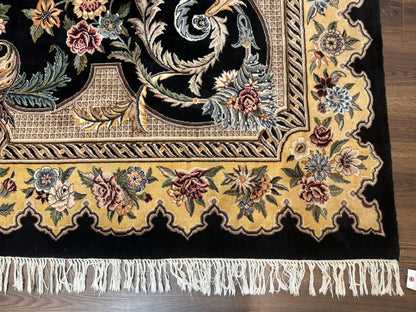 Aubusson Rug 9x12 Black And Beige Floral Elegant Handmade Carpet