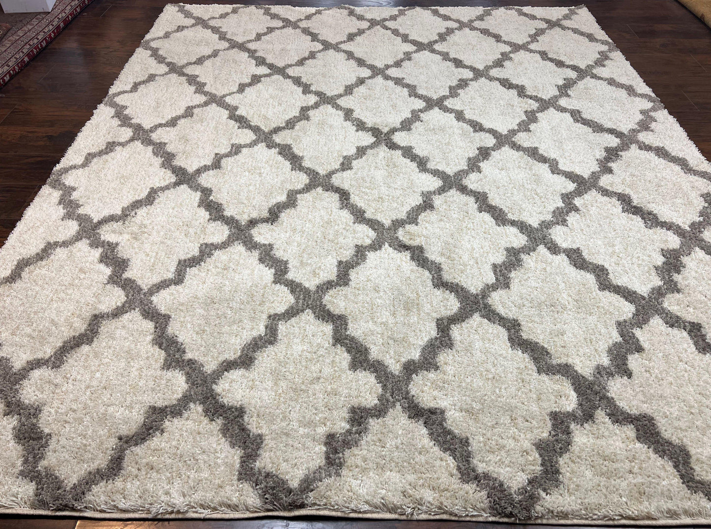 Modern Shag Rug Ivory and Gray Diamond Panel Design Room Sized Area Rug