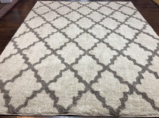 Modern Shag Rug Ivory and Gray Diamond Panel Design Room Sized Area Rug