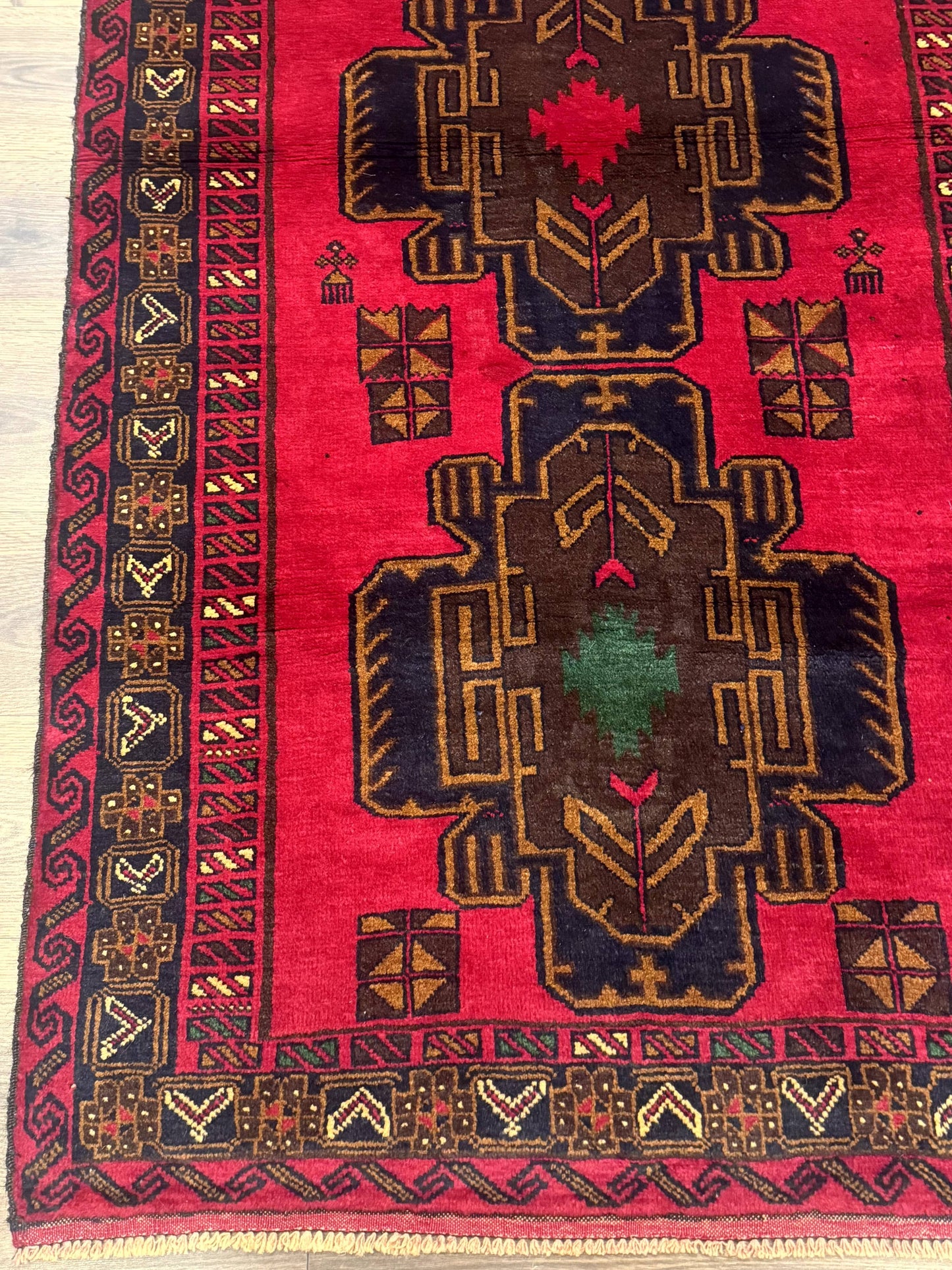 Afghan Balouch Rug Red 4x7 Handmade Wool Area Carpet Triple Medallions