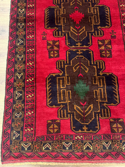 Afghan Balouch Rug Red 4x7 Handmade Wool Area Carpet Triple Medallions