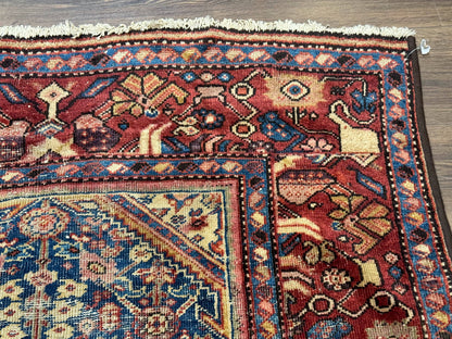 Antique Persian Rug 4x7, Blue and Red Malayer Carpet, Rare