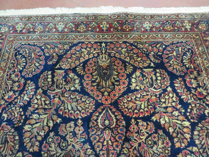 Antique Persian Sarouk Rug 4x6 Hand Knotted Wool Floral Oriental Carpet Navy And Red