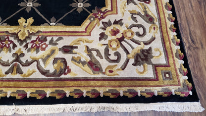 Aubusson Rug Hand Knotted Wool Nepalese 6x9 Black Cream Savonnerie Pattern