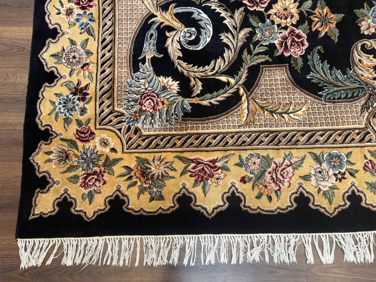 Aubusson Rug 9x12 Black And Beige Floral Elegant Handmade Carpet